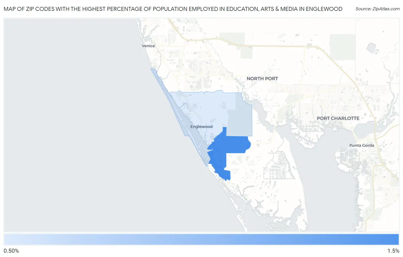Zip Codes with the Highest Percentage of Population Employed in Education, Arts & Media in Englewood Map