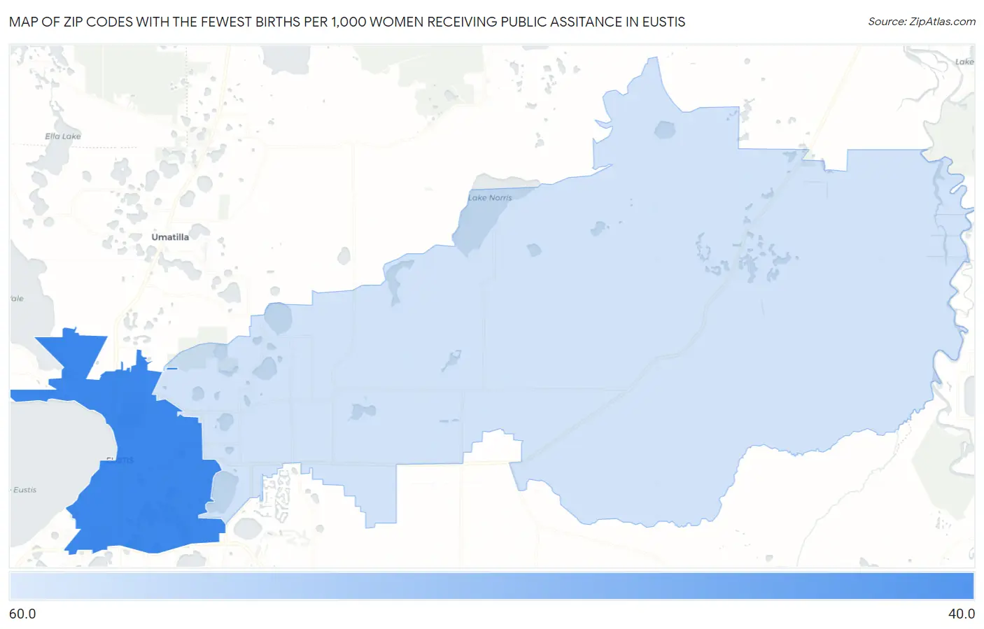 Zip Codes with the Fewest Births per 1,000 Women Receiving Public Assitance in Eustis Map