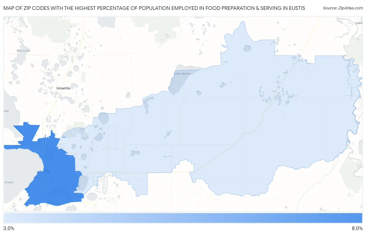 Zip Codes with the Highest Percentage of Population Employed in Food Preparation & Serving in Eustis Map