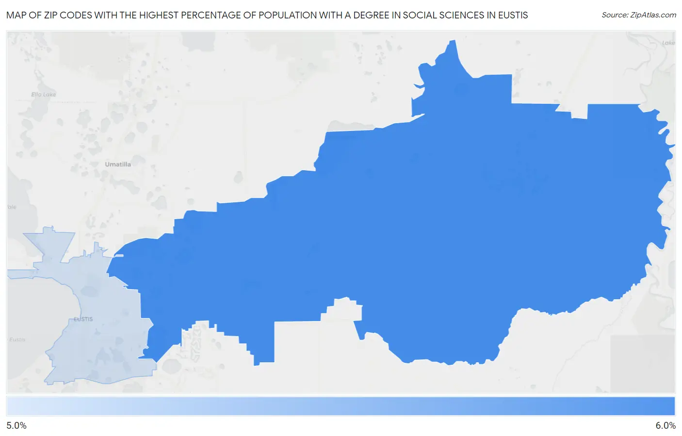 Zip Codes with the Highest Percentage of Population with a Degree in Social Sciences in Eustis Map