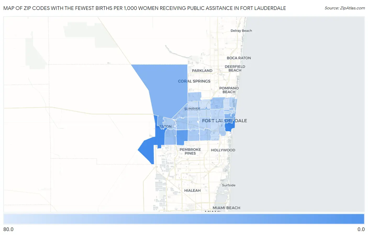 Zip Codes with the Fewest Births per 1,000 Women Receiving Public Assitance in Fort Lauderdale Map