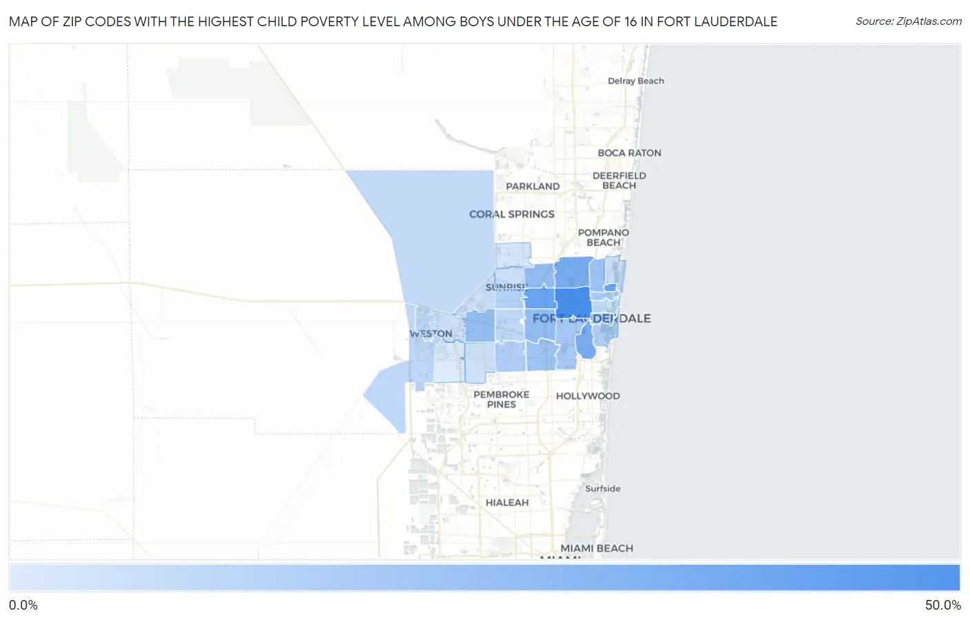 Zip Codes with the Highest Child Poverty Level Among Boys Under the Age of 16 in Fort Lauderdale Map