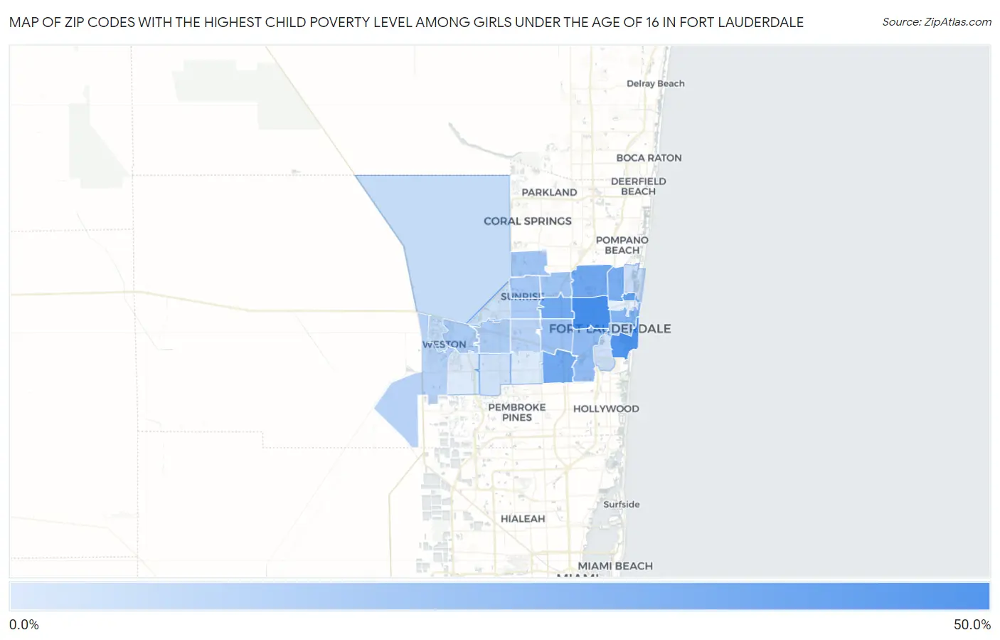 Zip Codes with the Highest Child Poverty Level Among Girls Under the Age of 16 in Fort Lauderdale Map