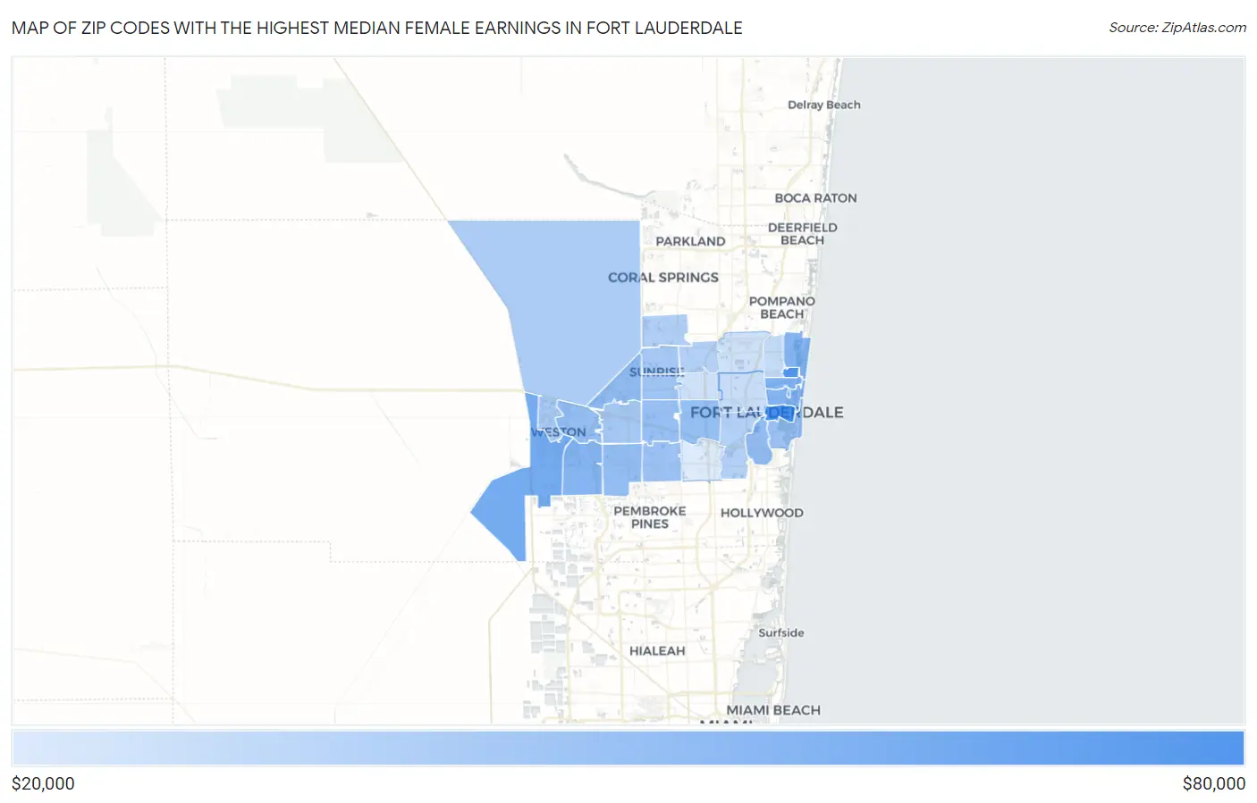 Zip Codes with the Highest Median Female Earnings in Fort Lauderdale Map