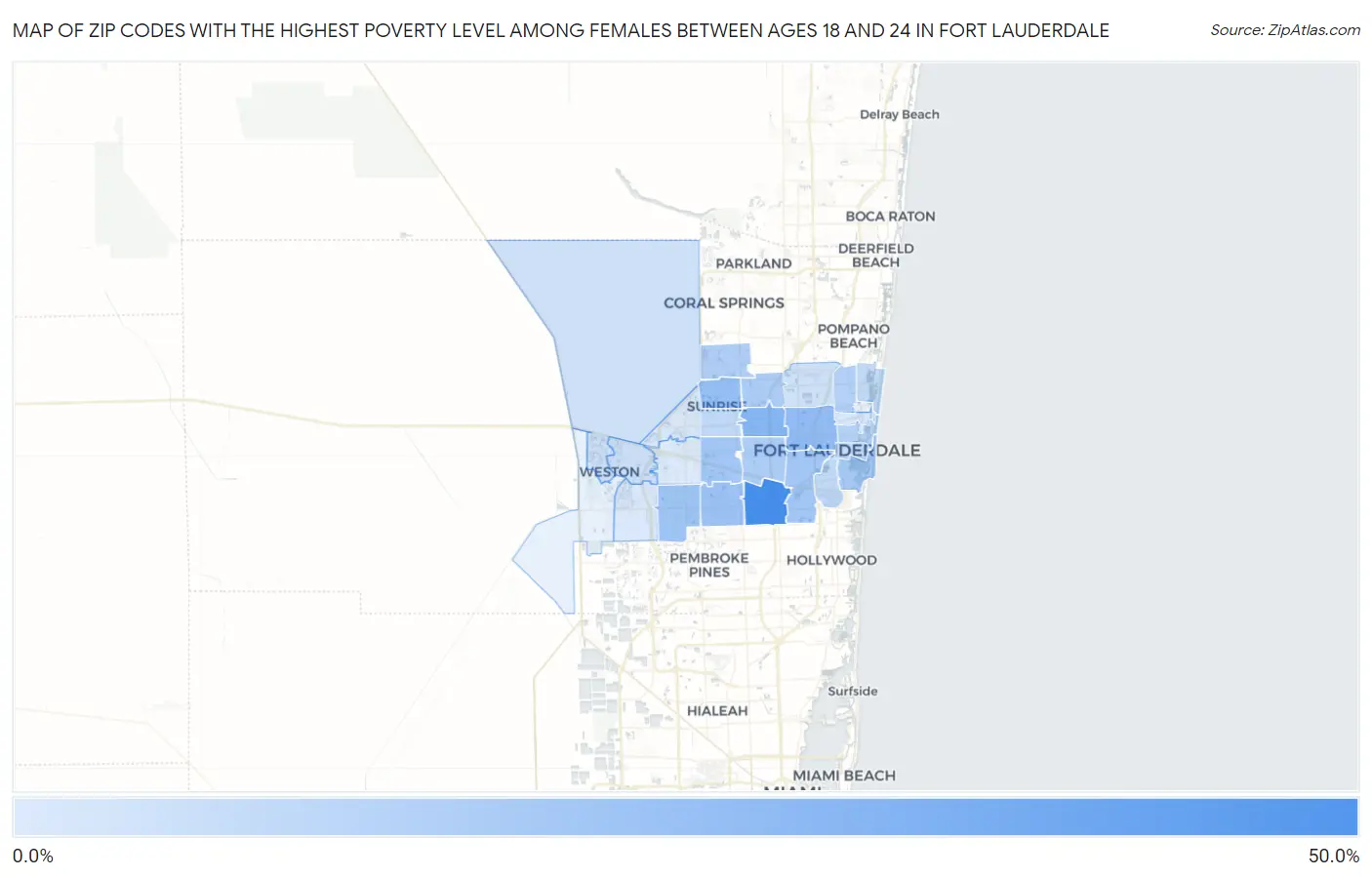 Zip Codes with the Highest Poverty Level Among Females Between Ages 18 and 24 in Fort Lauderdale Map