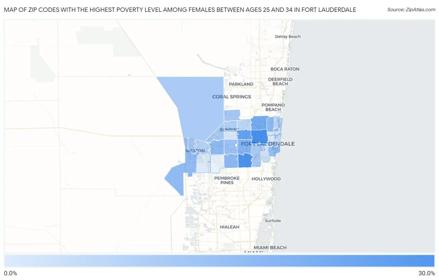 Zip Codes with the Highest Poverty Level Among Females Between Ages 25 and 34 in Fort Lauderdale Map