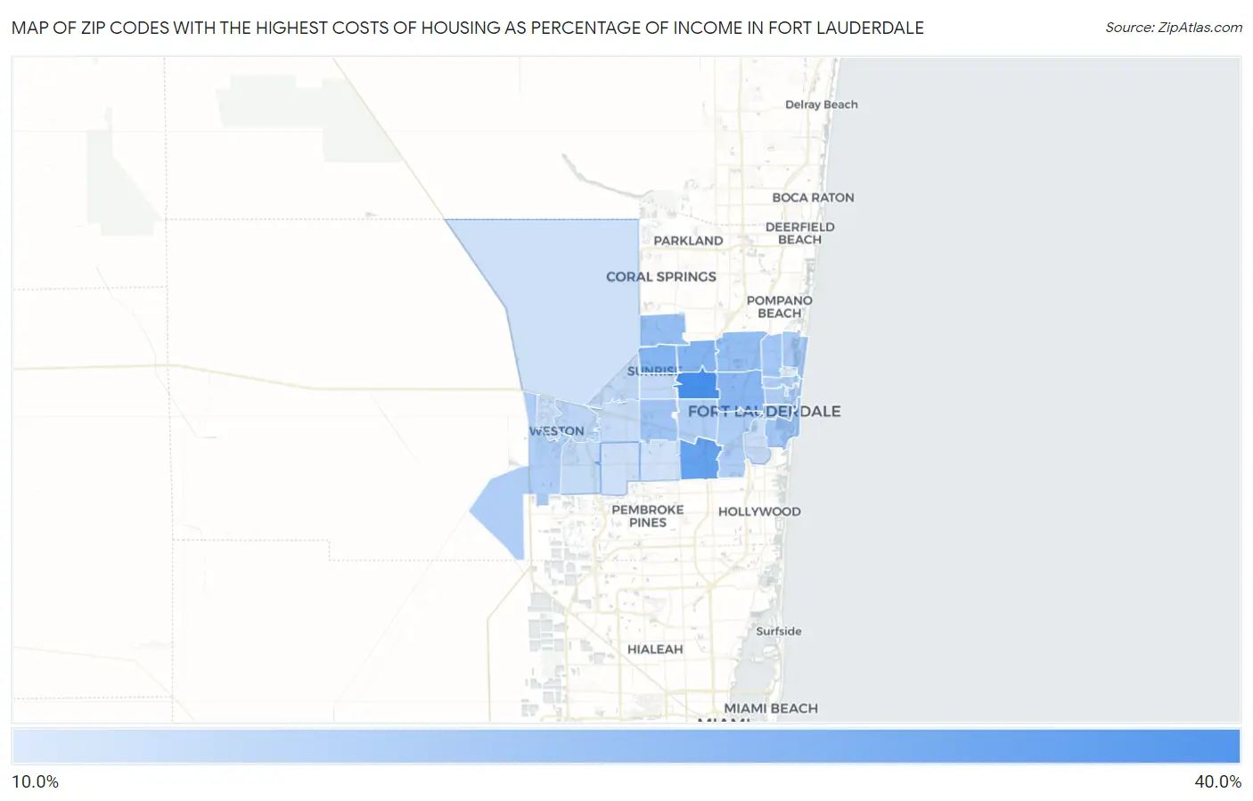 Zip Codes with the Highest Costs of Housing as Percentage of Income in Fort Lauderdale Map