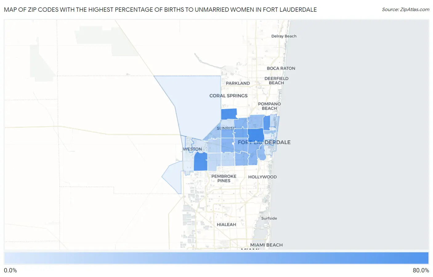 Zip Codes with the Highest Percentage of Births to Unmarried Women in Fort Lauderdale Map
