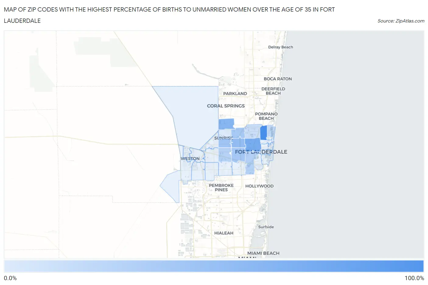 Zip Codes with the Highest Percentage of Births to Unmarried Women over the Age of 35 in Fort Lauderdale Map