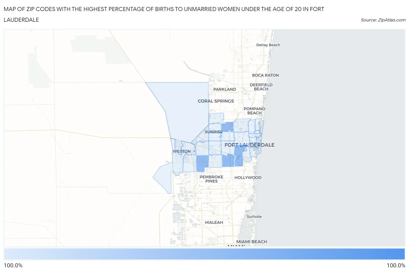 Zip Codes with the Highest Percentage of Births to Unmarried Women under the Age of 20 in Fort Lauderdale Map