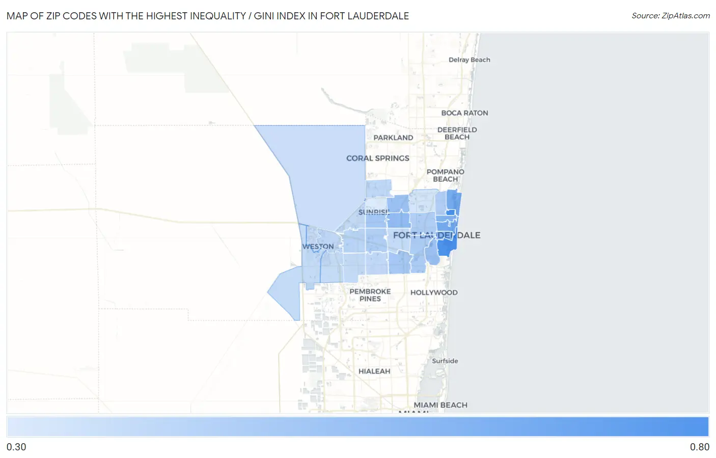 Zip Codes with the Highest Inequality / Gini Index in Fort Lauderdale Map
