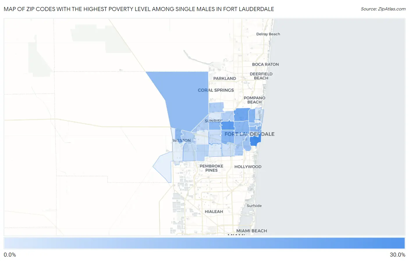 Zip Codes with the Highest Poverty Level Among Single Males in Fort Lauderdale Map
