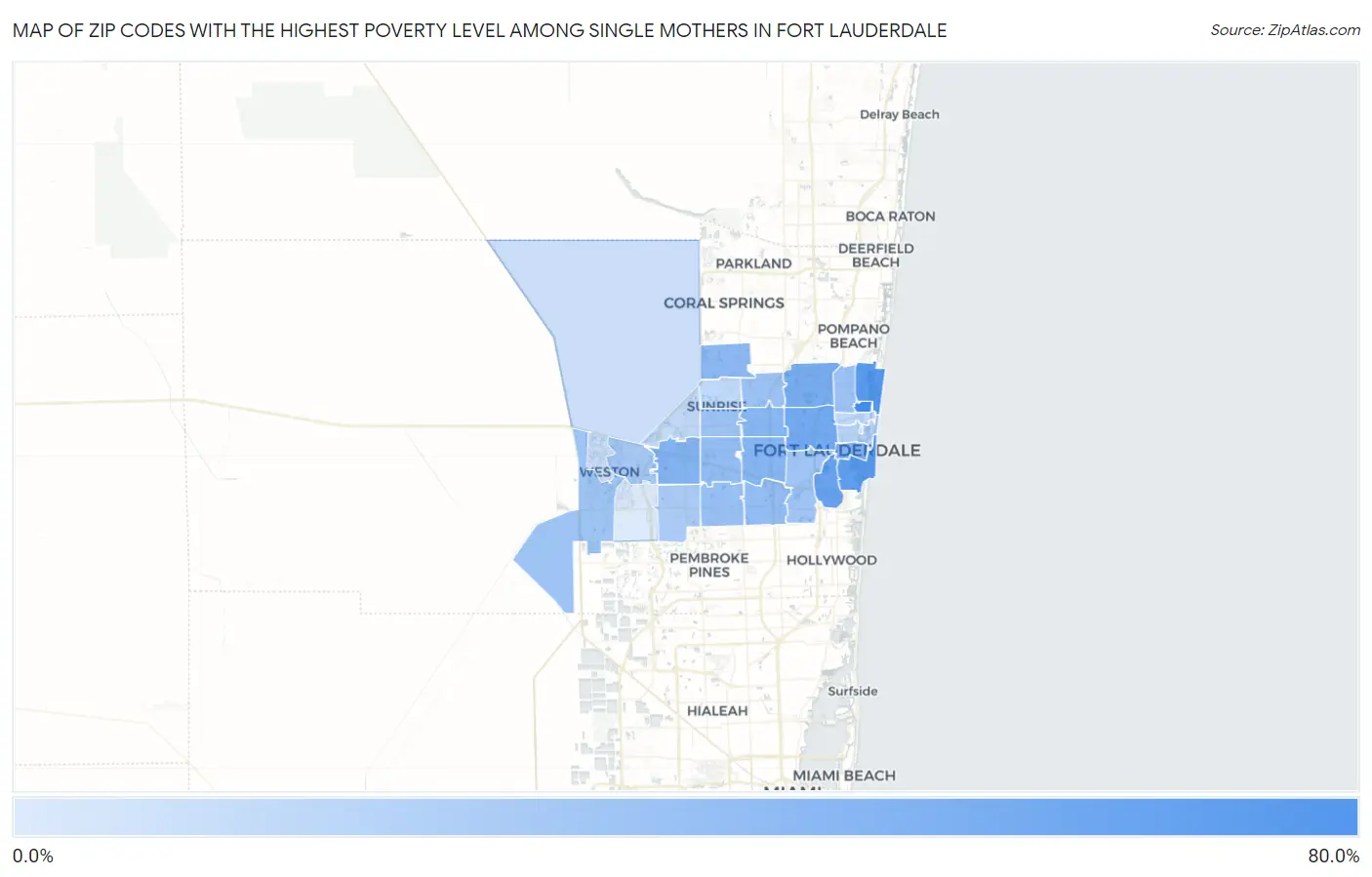 Zip Codes with the Highest Poverty Level Among Single Mothers in Fort Lauderdale Map