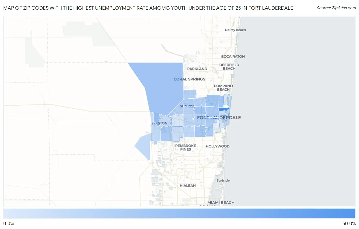 Zip Codes with the Highest Unemployment Rate Amomg Youth Under the Age of 25 in Fort Lauderdale Map