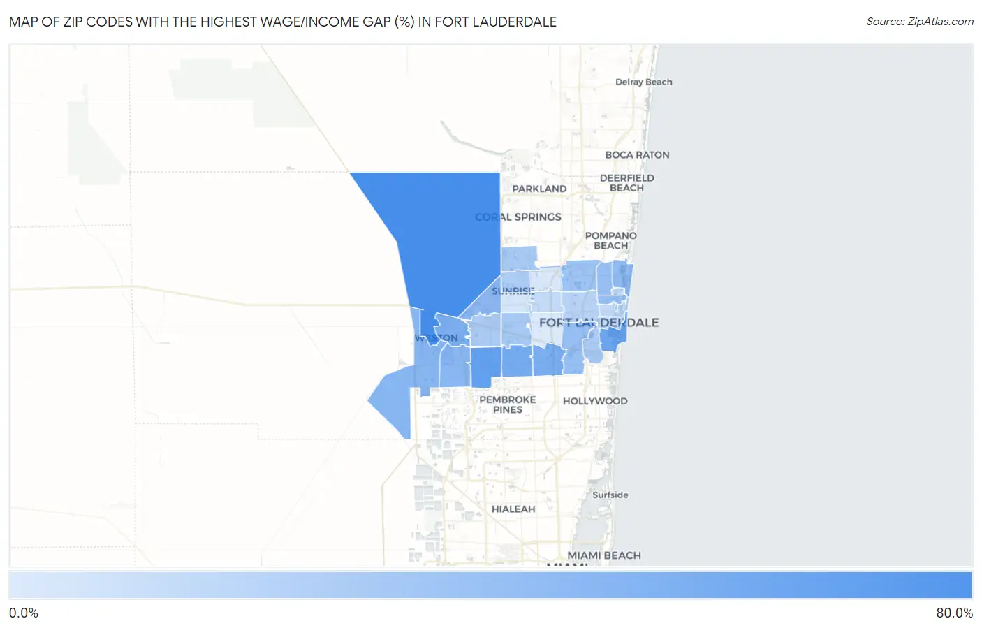 Zip Codes with the Highest Wage/Income Gap (%) in Fort Lauderdale Map