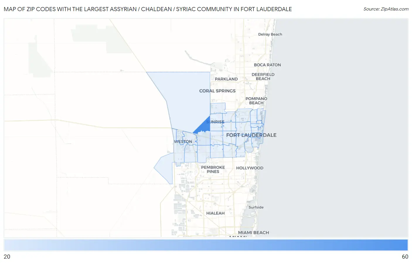 Zip Codes with the Largest Assyrian / Chaldean / Syriac Community in Fort Lauderdale Map