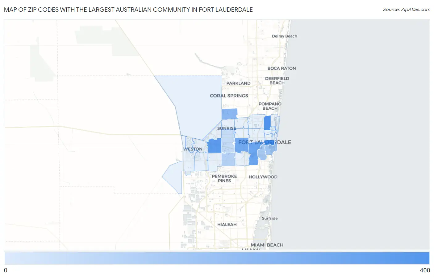 Zip Codes with the Largest Australian Community in Fort Lauderdale Map