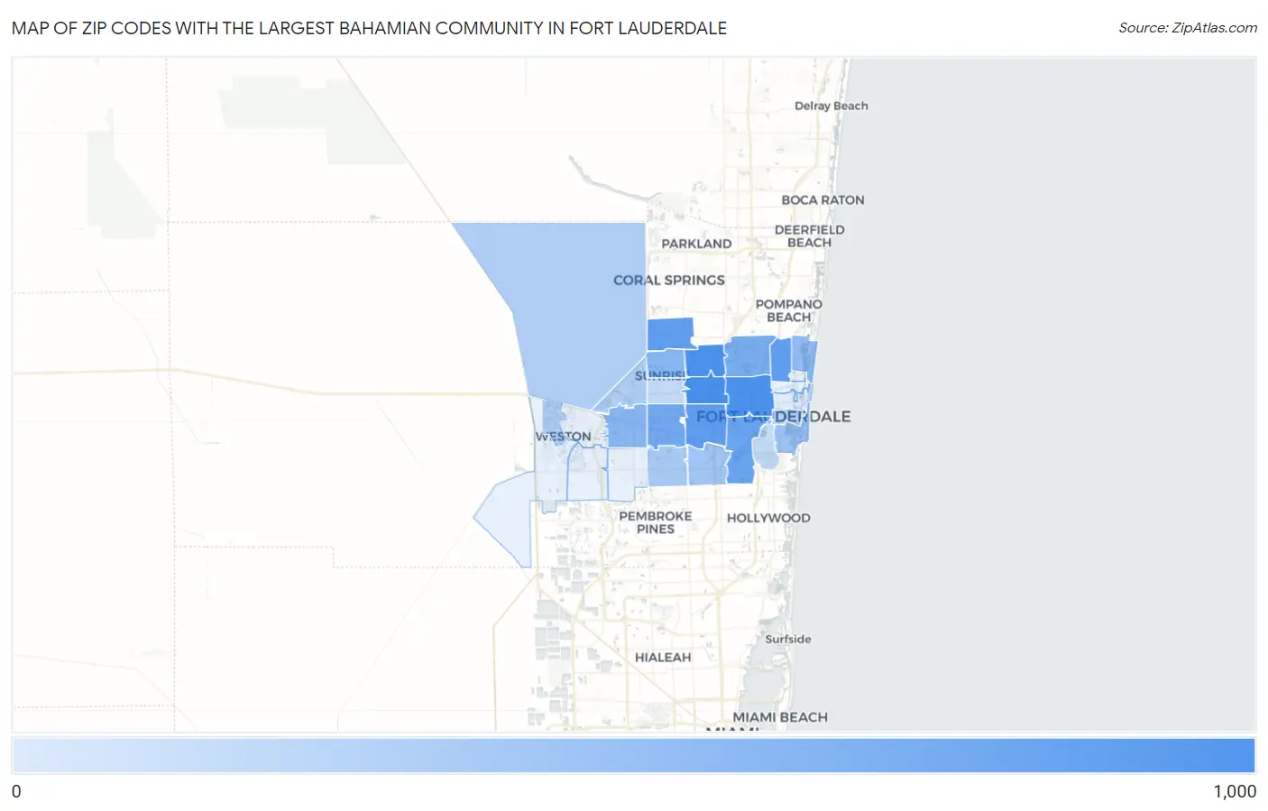Zip Codes with the Largest Bahamian Community in Fort Lauderdale Map