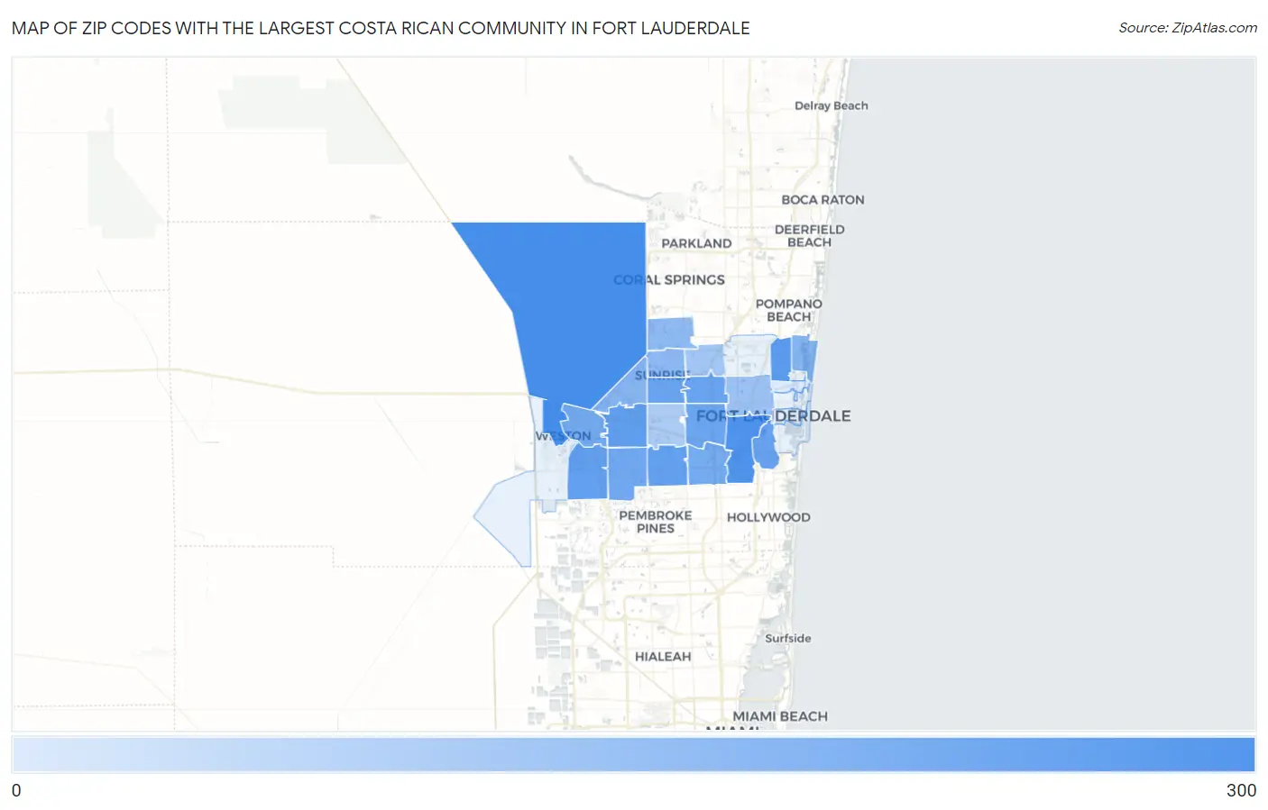 Zip Codes with the Largest Costa Rican Community in Fort Lauderdale Map