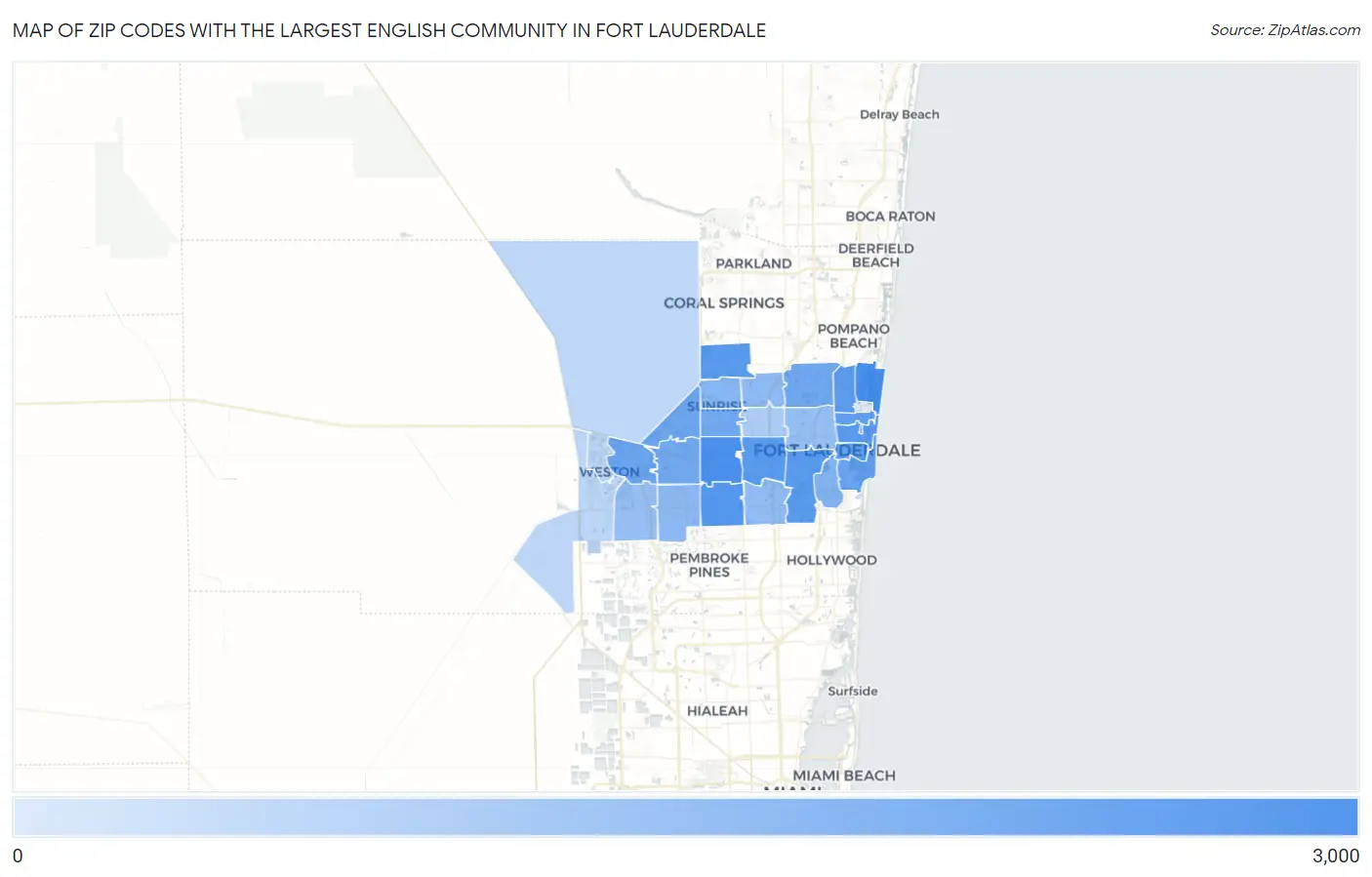 Zip Codes with the Largest English Community in Fort Lauderdale Map
