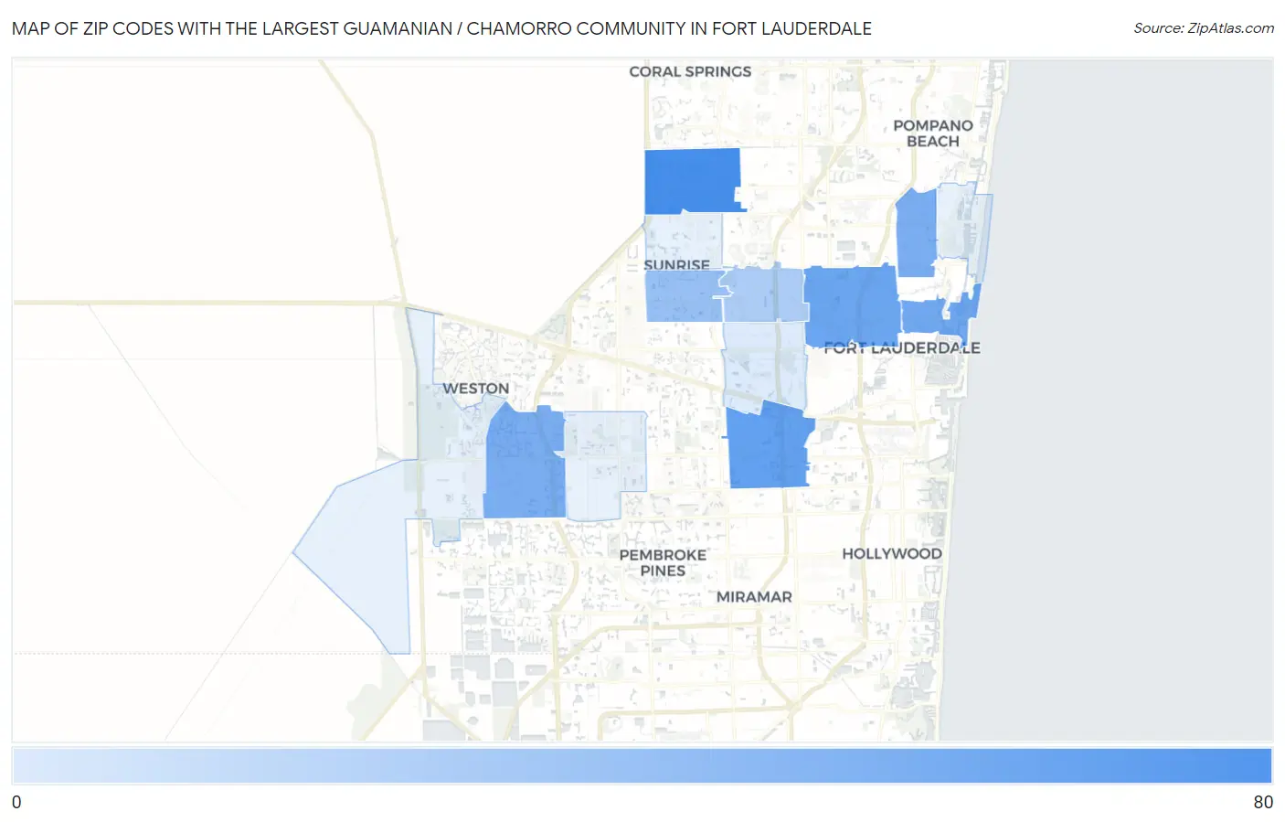 Zip Codes with the Largest Guamanian / Chamorro Community in Fort Lauderdale Map
