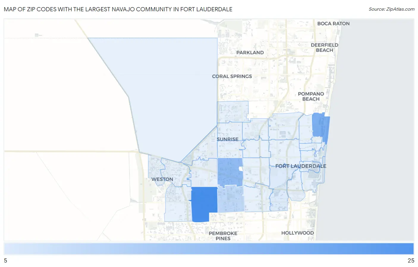 Zip Codes with the Largest Navajo Community in Fort Lauderdale Map