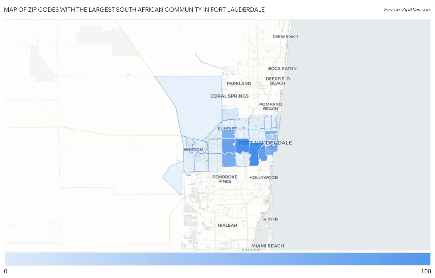 Zip Codes with the Largest South African Community in Fort Lauderdale Map