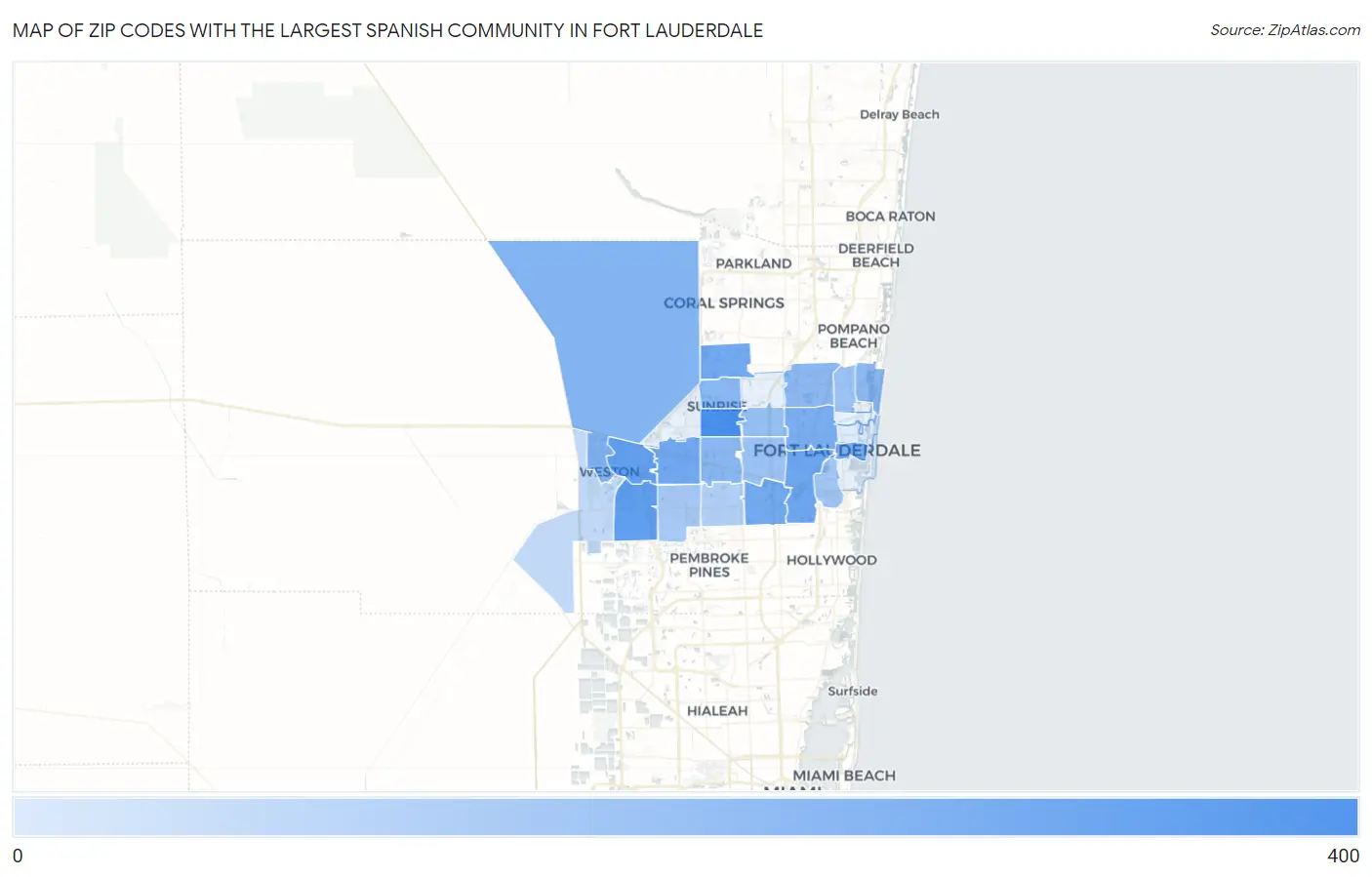 Zip Codes with the Largest Spanish Community in Fort Lauderdale Map