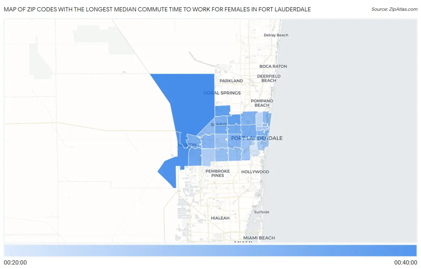 Zip Codes with the Longest Median Commute Time to Work for Females in Fort Lauderdale Map