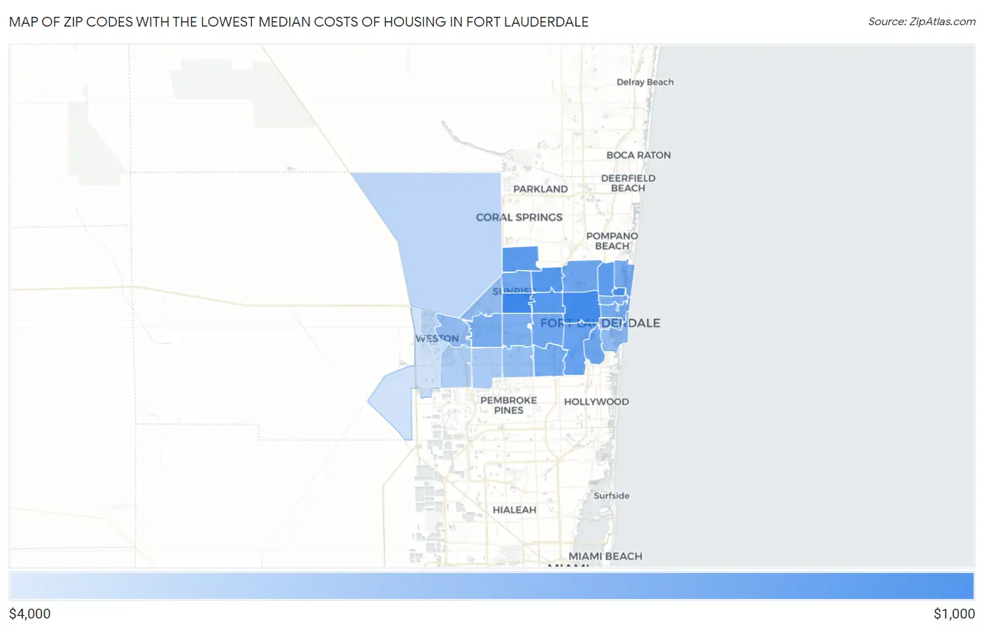 Zip Codes with the Lowest Median Costs of Housing in Fort Lauderdale Map
