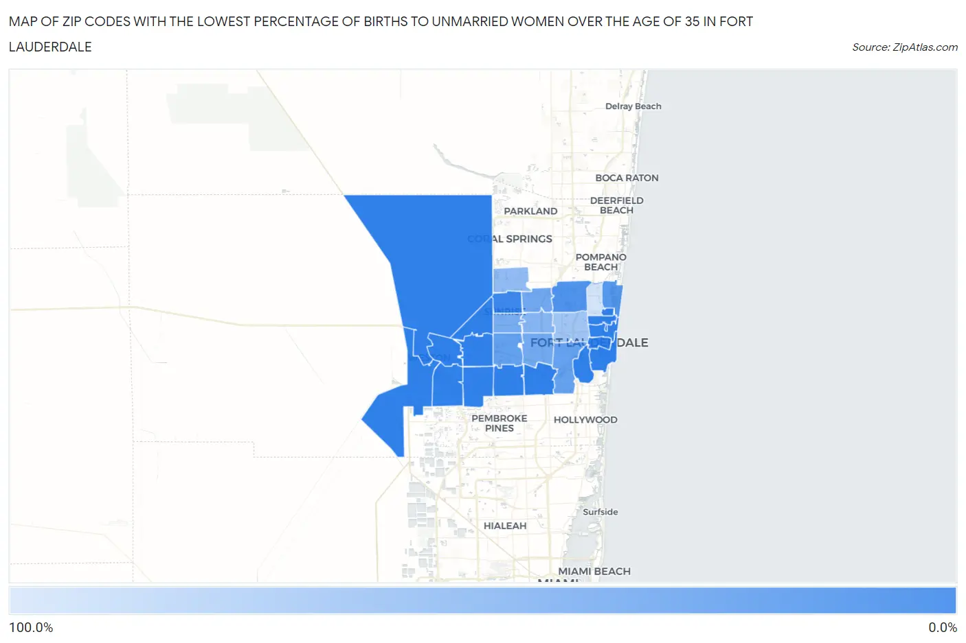 Zip Codes with the Lowest Percentage of Births to Unmarried Women over the Age of 35 in Fort Lauderdale Map