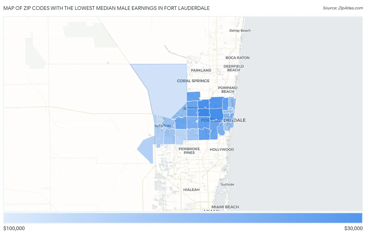 Zip Codes with the Lowest Median Male Earnings in Fort Lauderdale Map