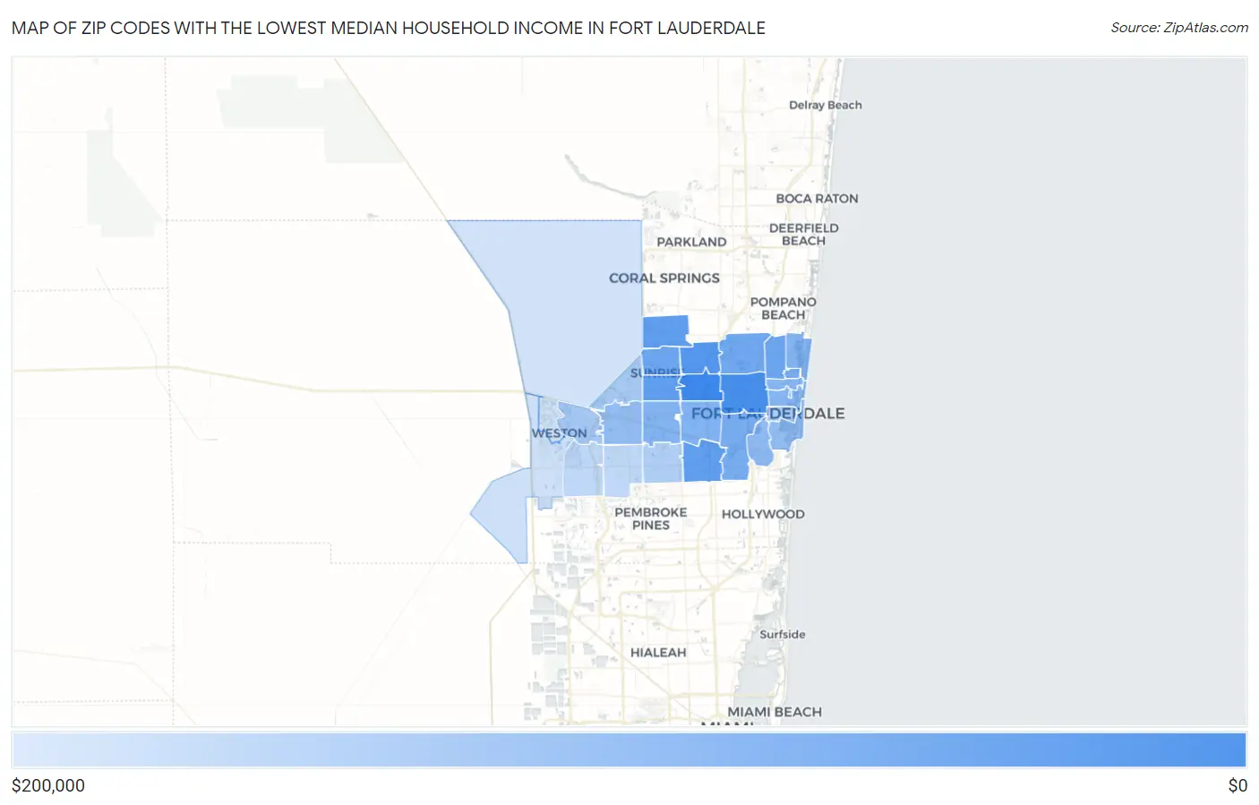Zip Codes with the Lowest Median Household Income in Fort Lauderdale Map