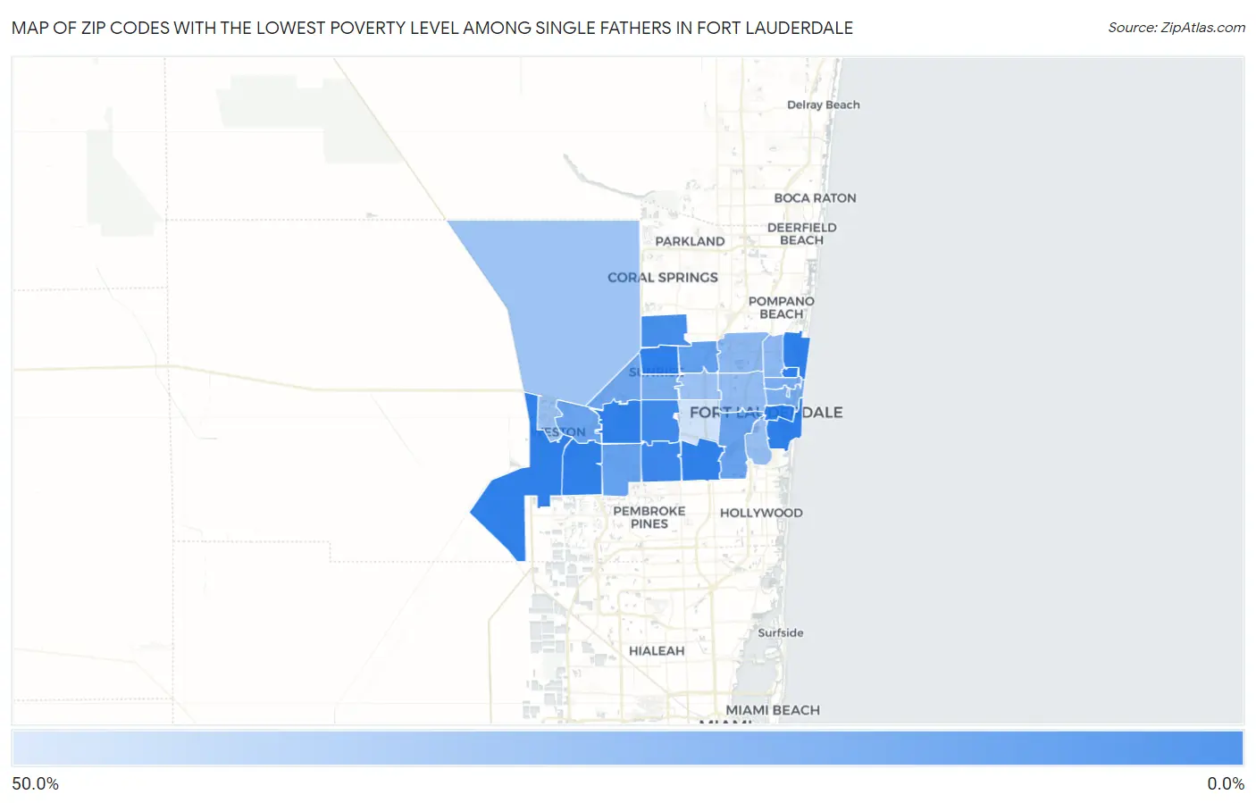 Zip Codes with the Lowest Poverty Level Among Single Fathers in Fort Lauderdale Map