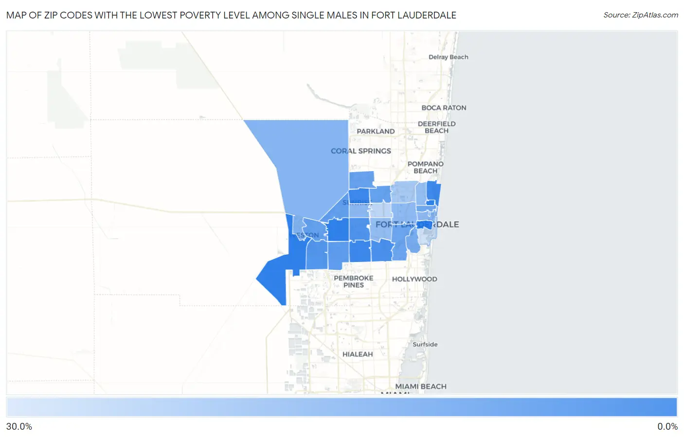 Zip Codes with the Lowest Poverty Level Among Single Males in Fort Lauderdale Map