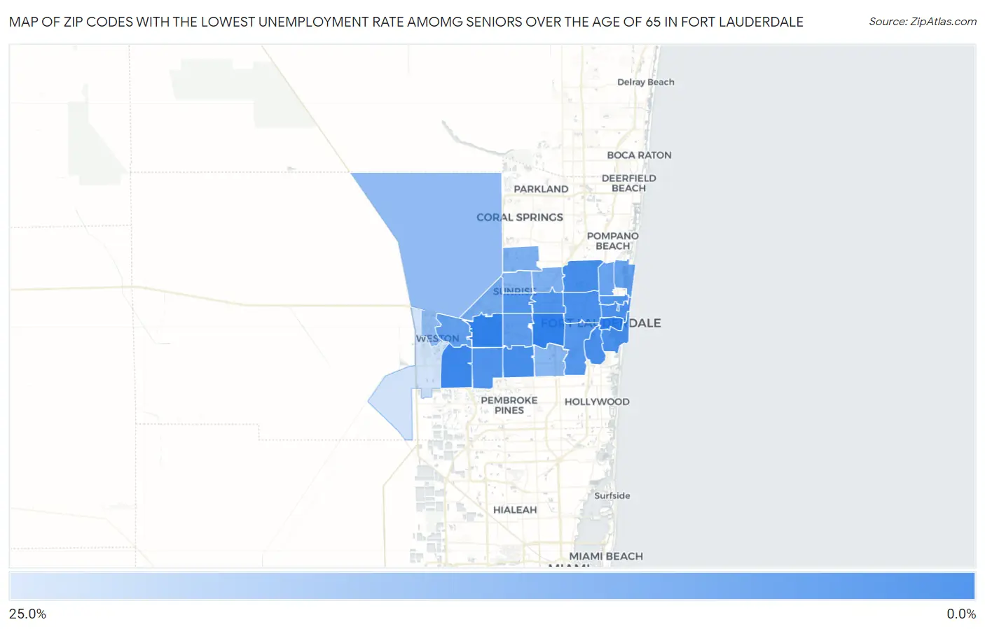 Zip Codes with the Lowest Unemployment Rate Amomg Seniors Over the Age of 65 in Fort Lauderdale Map