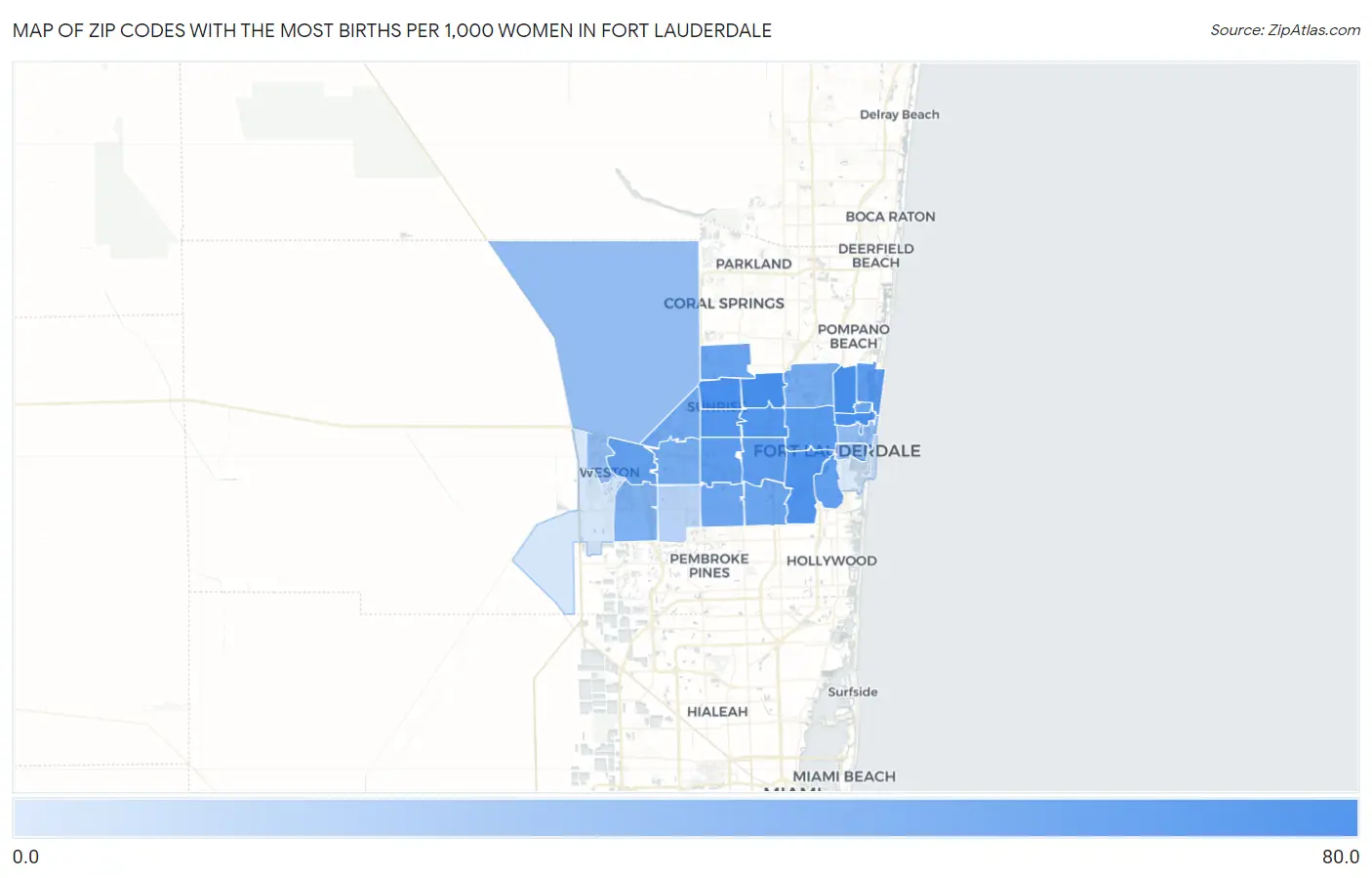 Zip Codes with the Most Births per 1,000 Women in Fort Lauderdale Map
