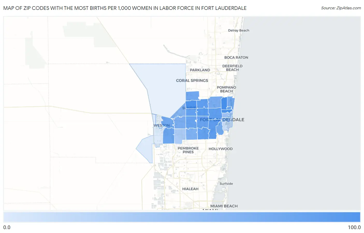 Zip Codes with the Most Births per 1,000 Women in Labor Force in Fort Lauderdale Map