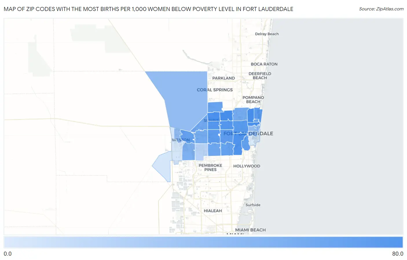 Zip Codes with the Most Births per 1,000 Women Below Poverty Level in Fort Lauderdale Map