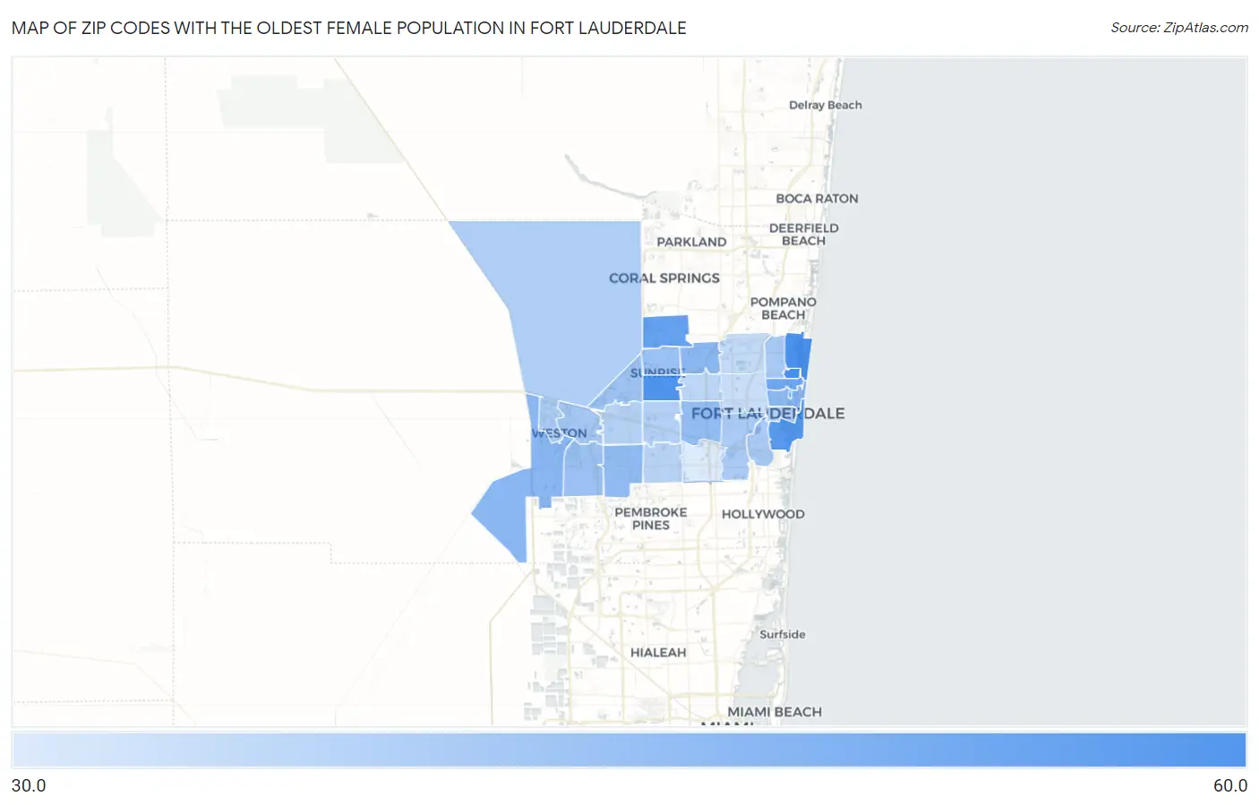 Zip Codes with the Oldest Female Population in Fort Lauderdale Map