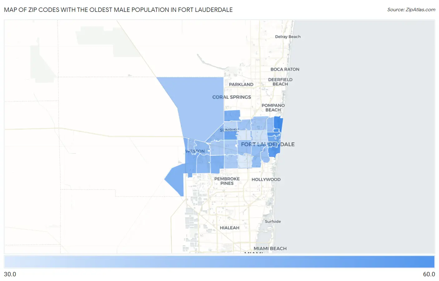 Zip Codes with the Oldest Male Population in Fort Lauderdale Map