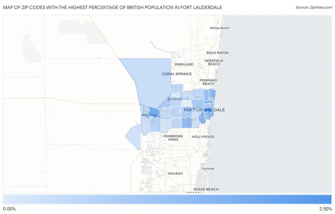 Zip Codes with the Highest Percentage of British Population in Fort Lauderdale Map