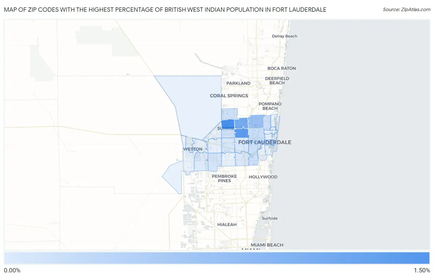 Zip Codes with the Highest Percentage of British West Indian Population in Fort Lauderdale Map