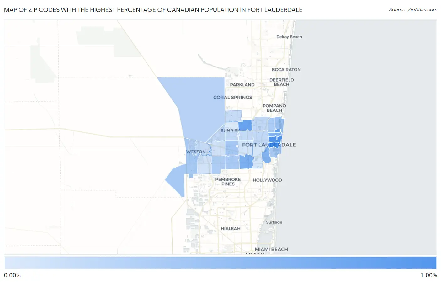 Zip Codes with the Highest Percentage of Canadian Population in Fort Lauderdale Map