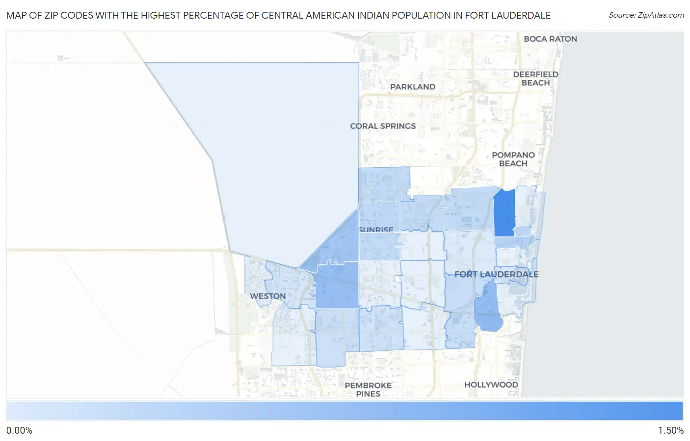 Zip Codes with the Highest Percentage of Central American Indian Population in Fort Lauderdale Map