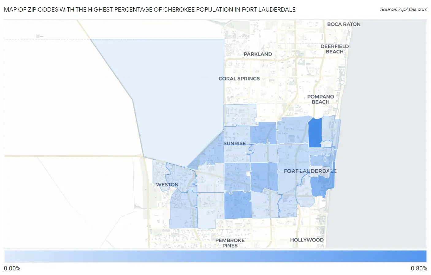 Zip Codes with the Highest Percentage of Cherokee Population in Fort Lauderdale Map