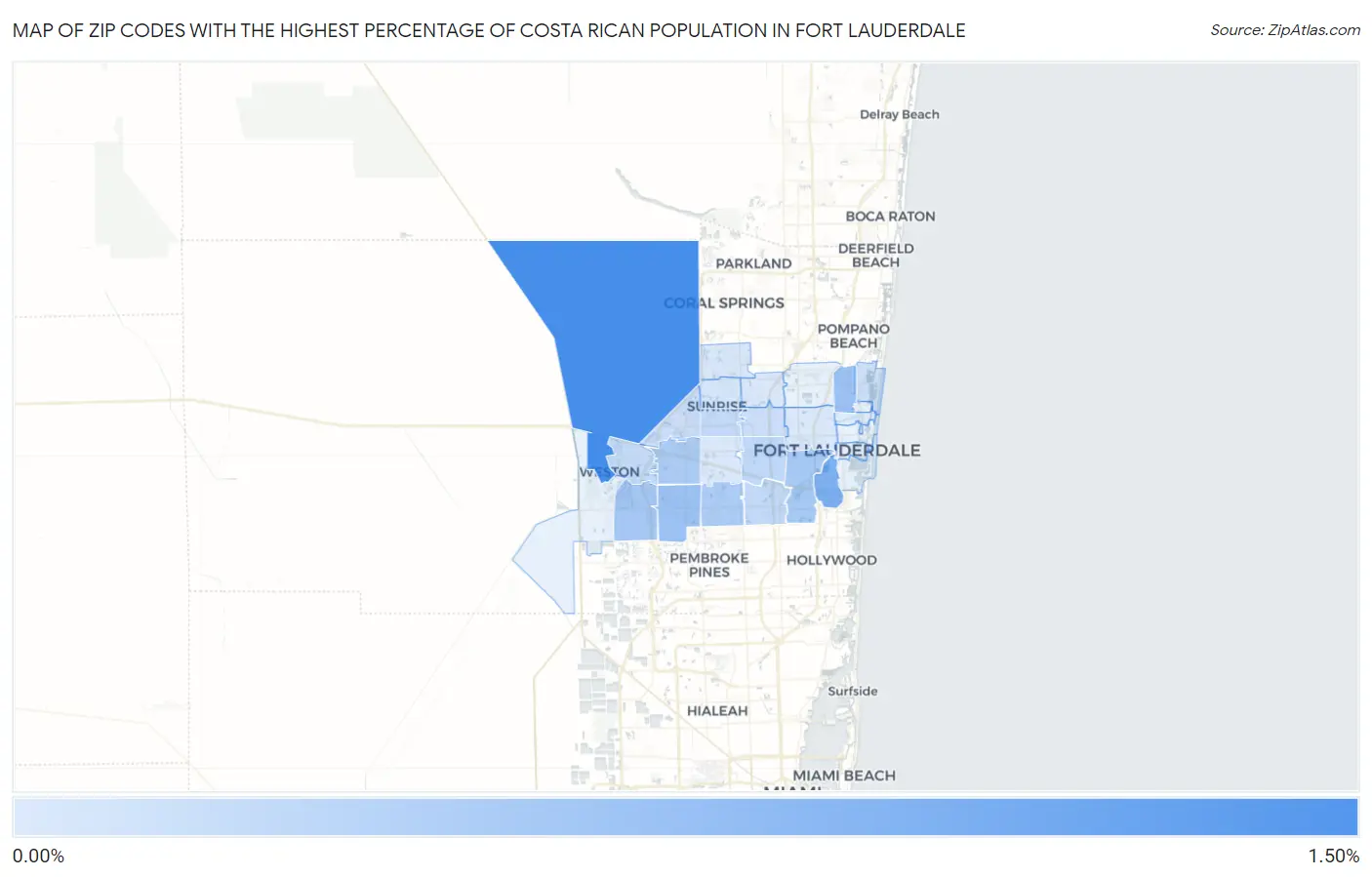 Zip Codes with the Highest Percentage of Costa Rican Population in Fort Lauderdale Map