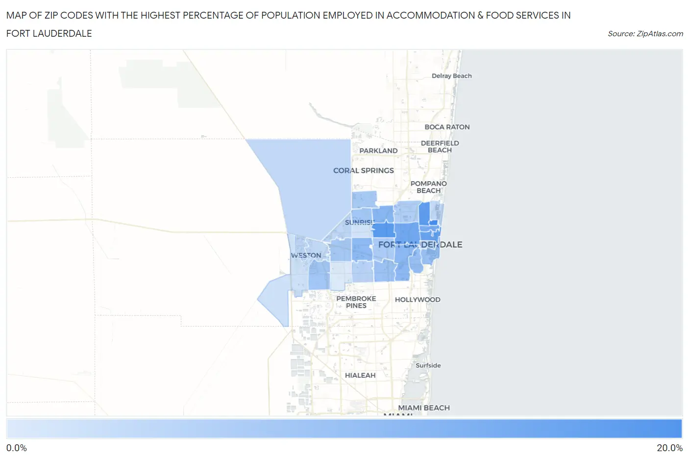 Zip Codes with the Highest Percentage of Population Employed in Accommodation & Food Services in Fort Lauderdale Map