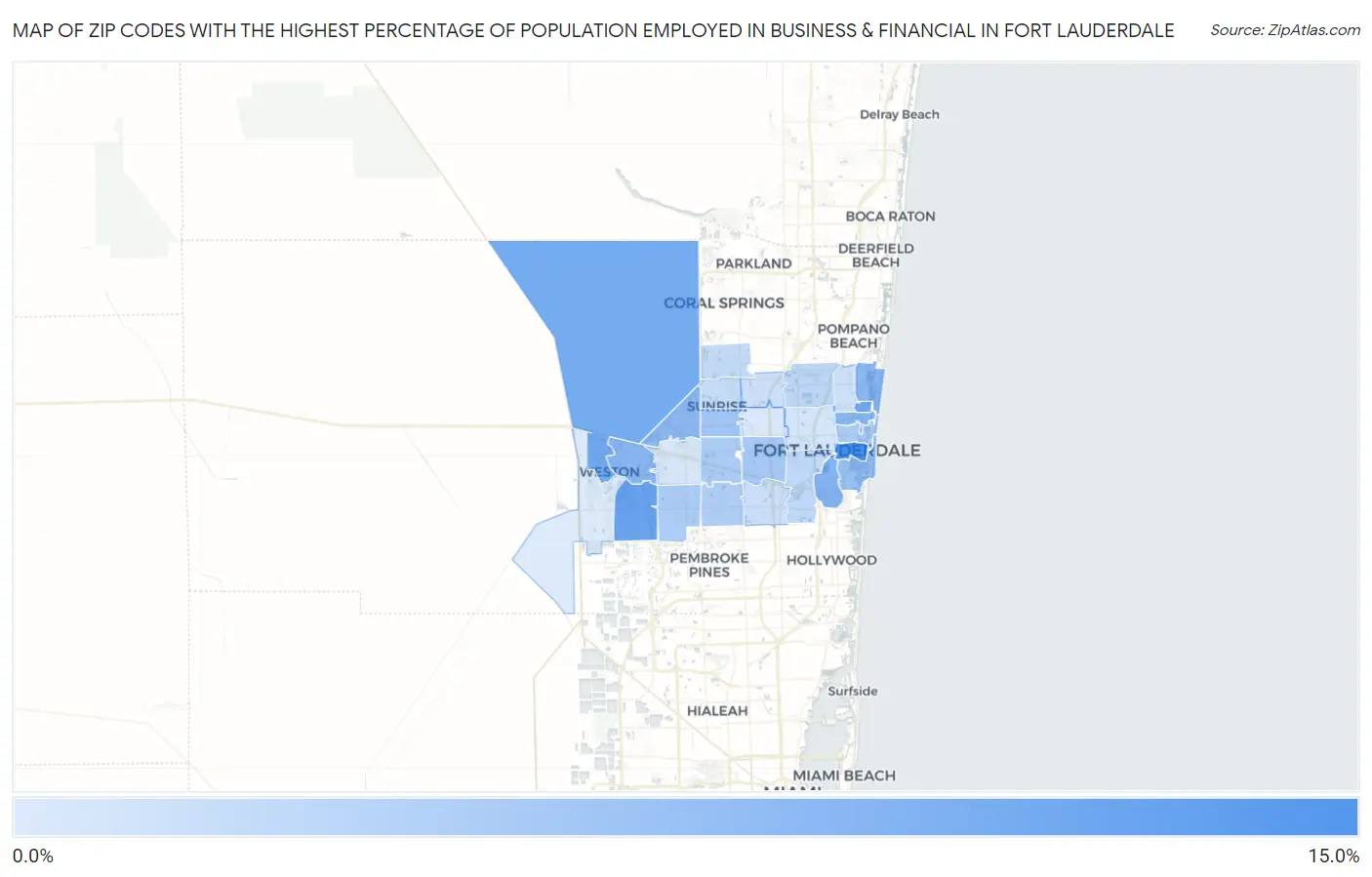 Zip Codes with the Highest Percentage of Population Employed in Business & Financial in Fort Lauderdale Map