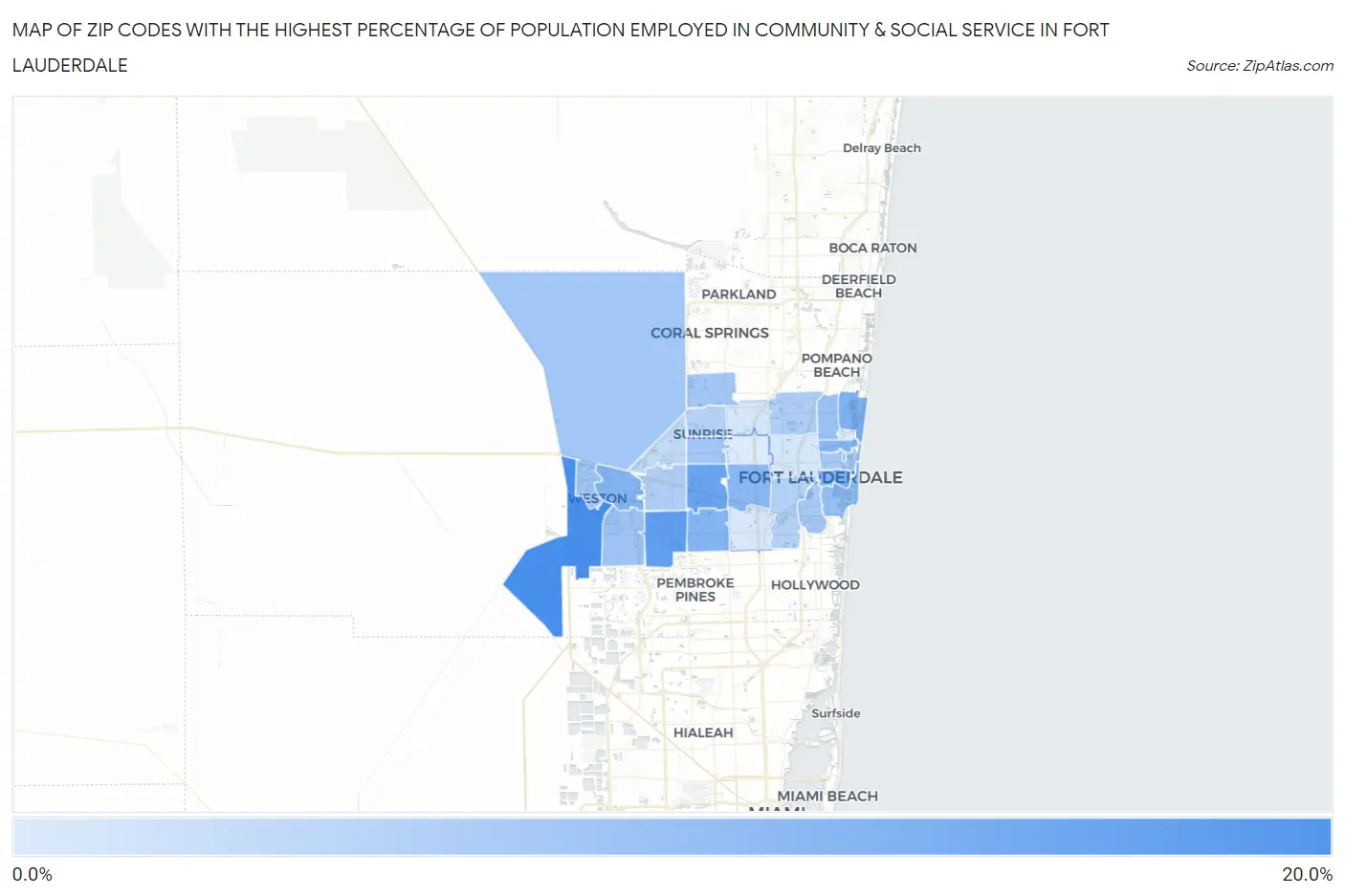 Zip Codes with the Highest Percentage of Population Employed in Community & Social Service  in Fort Lauderdale Map